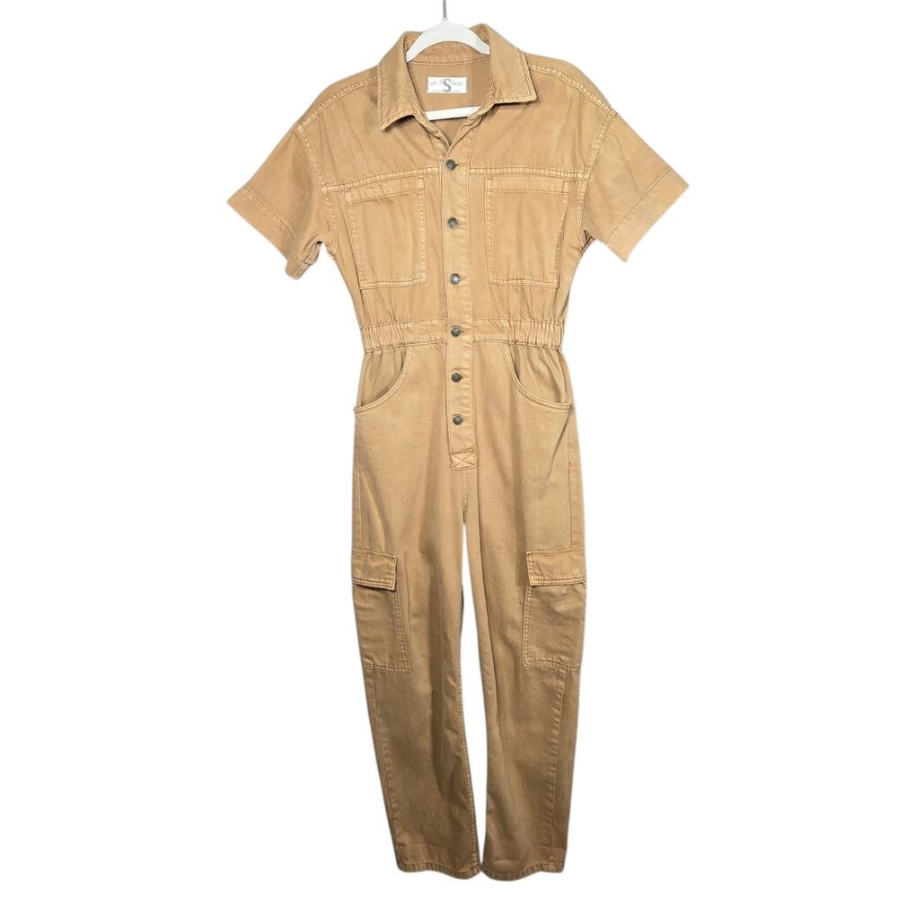 Free People We The Free Marci Jumpsuit Small Tan Denim Coverall Boiler Suit